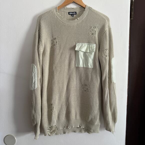 SER.O.YA | Sage Green Devin Distressed Sweater Dress Mini Chest Flap Pocket | XS - Picture 2 of 8